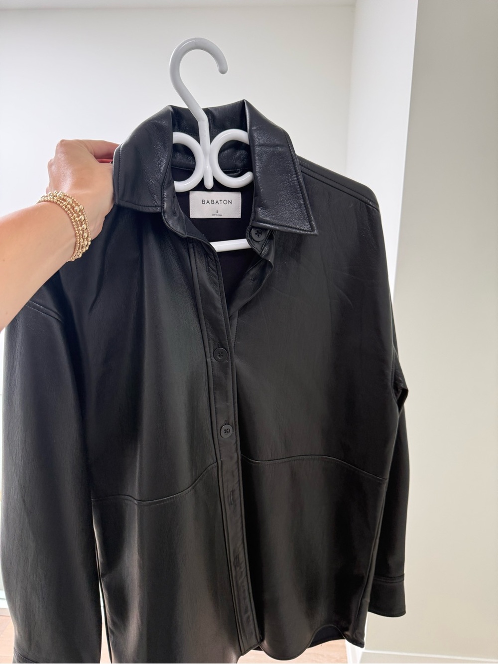 Babaton Black Faux Leather Button-Front Shirt Jacket